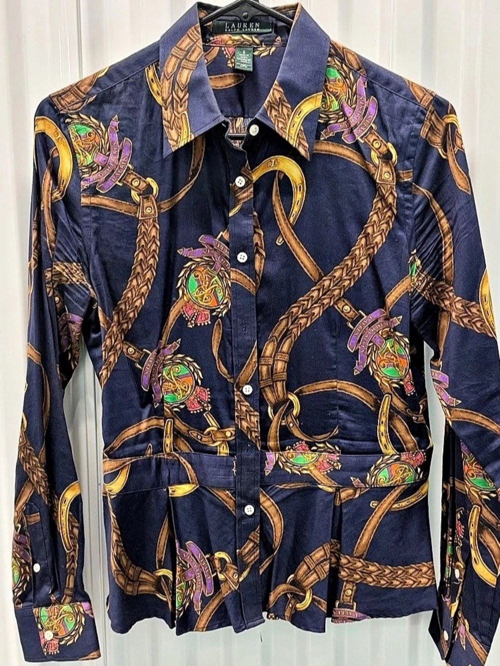 Lauren Ralph Lauren Equestrian Print Peplum Shirt Blue Gold Size 6